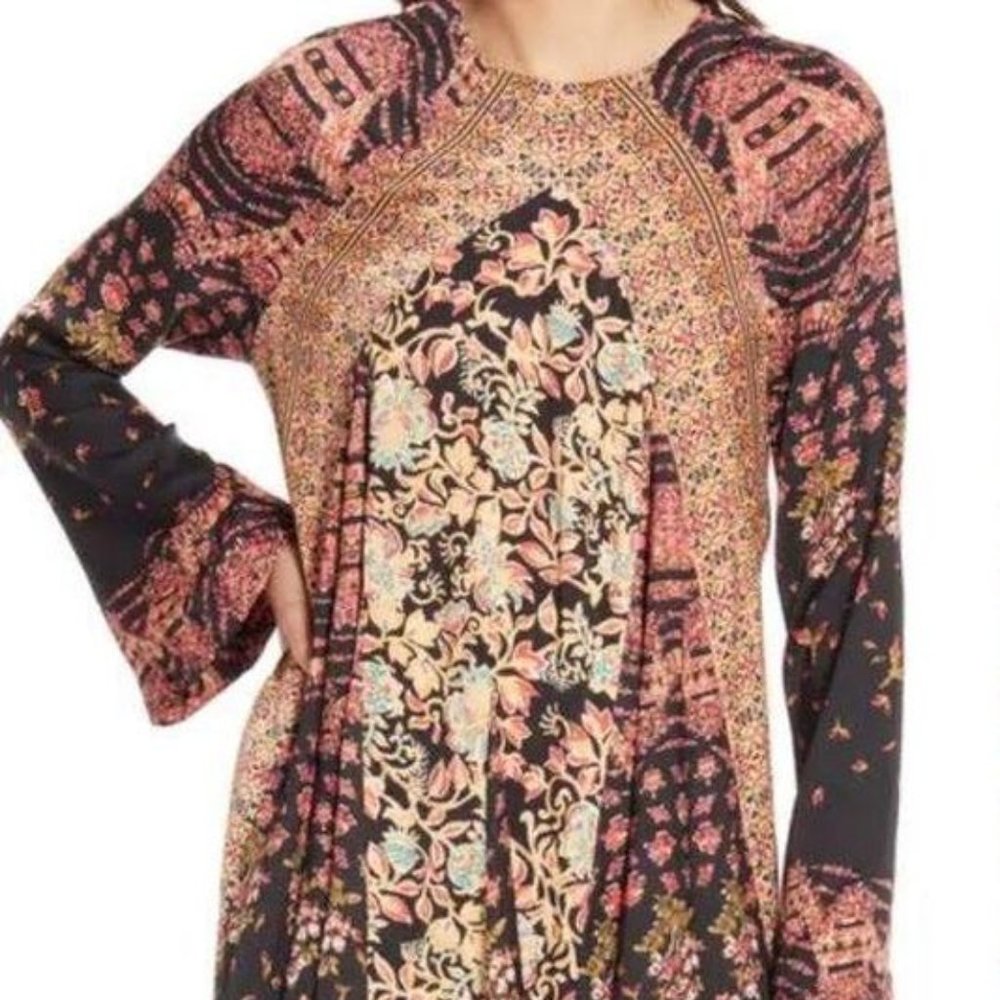 Free People Stevie Colorful Printed Tunic Boho Mini Dress In Black Combo Size XS